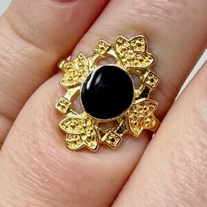 Vintage Style Faux Onyx Gothic Victorian Ring Gold Tone Metal NEW
